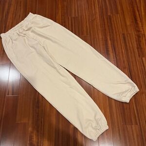 Naked Wardrobe Jogger Sweatpants Beige Elastic Waist Ribbed Cuffs Active Medium